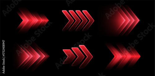 Glowing red arrows, dynamic glowing pointers, fast motion. Movement, boost or action concept. Vector illustration.