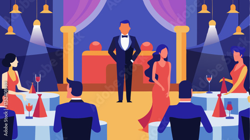 A fundraising gala scene with elegantly dressed attendees auction tables and a stage illustrating charity events and community support.