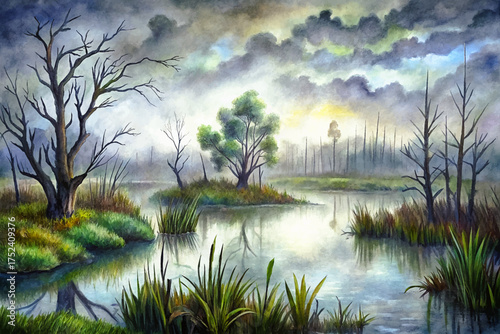 foggy wetland, marsh grass, still water, twisted trees, overcast sky, moody nature, fantasy art, mystical illustration