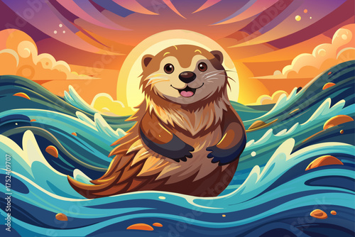 vector of Adorable sea otter floating on ocean waves at sunset