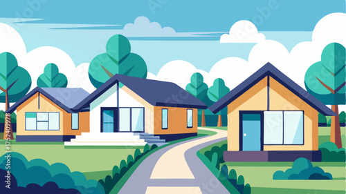 A series of modern bungalows each with distinct architectural styles set in a serene neighborhood with walkable pathways.