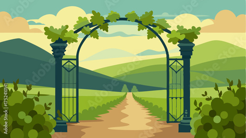 A rustic vineyard gate adorned with climbing vines inviting guests into a sunlit vineyard with hills rolling in the distance under a bright sky.