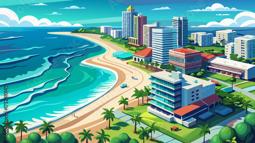Very beautiful aerial view of South Beach, Miami, Florida, showing turquoise ocean waves, sandy shoreline, and modern beachfront buildings.
