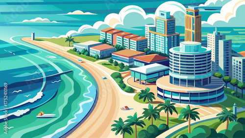 Very beautiful aerial view of South Beach, Miami, Florida, showing turquoise ocean waves, sandy shoreline, and modern beachfront buildings.
