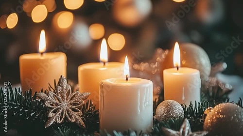 Close-up shot of three lit candles on a table