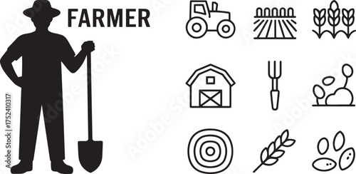 Farmer with shovel and farming tools icons illustration vector set for agriculture industry