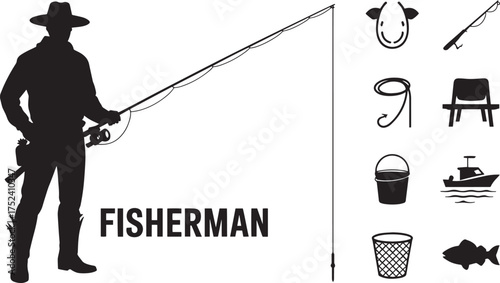 Fisherman Vector Silhouettes Set with Fishing Gear Icons - Rod, Bait, Hook, Chair, Bucket, Boat, Net, Fish