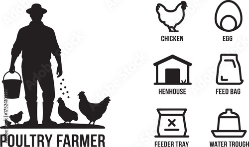Poultry farmer feeding chickens with farm tools icons illustration vector set for production