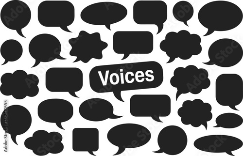 Black speech bubble silhouettes, comic dialogue balloons, thought cloud icons, vector set for chat, communication, design, messages, media, voice