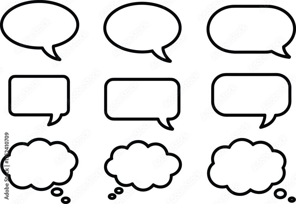 Fototapeta premium Blank comic speech bubbles, outline cartoon text boxes, vector dialogue clouds, editable design elements, comic strip template, black and white