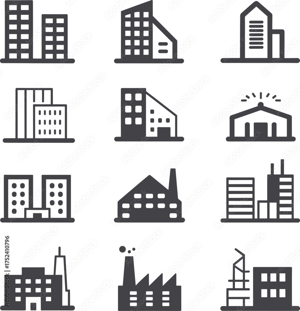 Obraz premium Building icons, modern architecture, city skyline silhouette, factory vector set, commercial real estate icons, urban structure symbols, black design elements