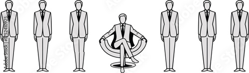 Business leadership concept, team hierarchy illustration, leader sitting in chair, surrounded by executives, corporate management structure, office workforce idea