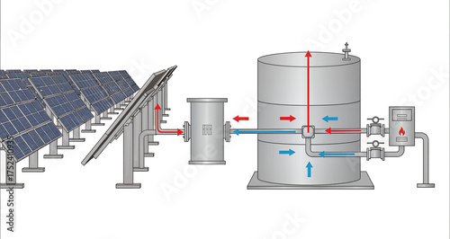 Solar thermal energy diagram. Solar collectors heat a fluid that is stored in an insulated tank for later use or to provide heat for a building or process.