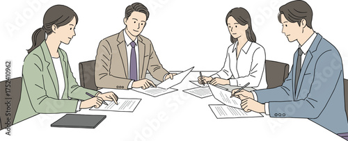 Business meeting with professionals discussing paperwork, corporate team collaboration, office strategy planning, formal attire, teamwork productivity, company growth goals, leadership focus, 