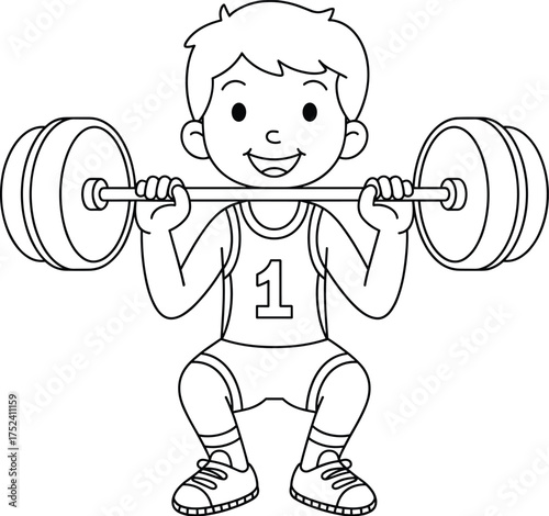 Boy lifting weights, child strength training, happy kid exercising, weightlifting sport, fitness activity, healthy lifestyle, athletic boy training gym