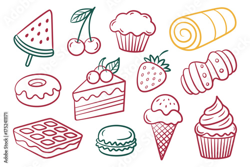 Vector art of hand drawn crayon style sweet food doodles