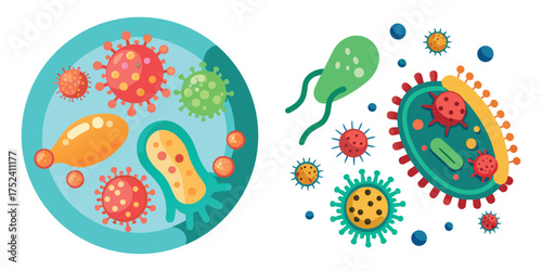 Colorful Bacteria and Virus Cells Illustration Isolated on White Background