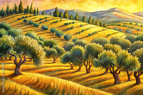 twisted olive trees, terraced hills, golden grass, warm sunlight, Mediterranean nature, wine label art, romantic illustration