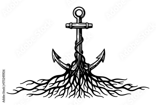 Minimalist Anchor and Tree Roots Vector Icon, Symbolizing Strength and Growth
