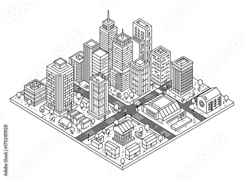 Isometric City Framework - Minimalist Vector Illustration