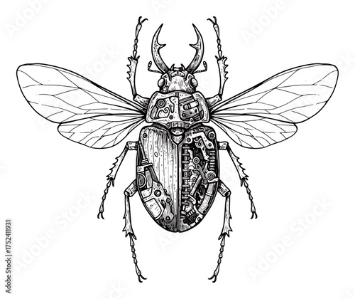 Biomechanical Beetle Illustration, Vector Design
