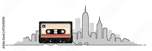 Vintage Cassette Tape Forms City Skyline Silhouette, Minimalist Vector Art