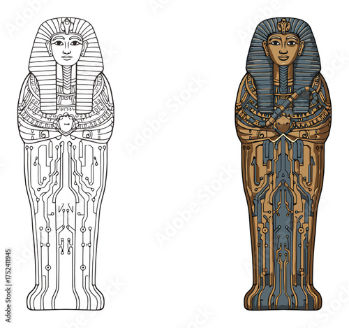 Ancient Egyptian Sarcophagus with Futuristic Circuit Board Design - Vector Art