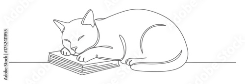 Minimalist Continuous Line Cat Sleeping on Book, Simple Vector Art