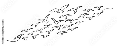 Minimalist One-Line Art: Flock of Birds, Vector Design, Clean Lines, White Background