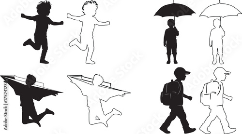 Black and white silhouettes of children playing walking and using umbrellas in various activities and poses for creative design elements
