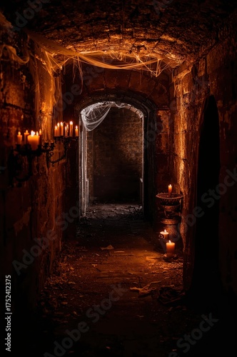Enter the haunted castle dungeon glowing with flickering candlelight and eerie cobwebs, perfect for Halloween thrillers and spooky scenes
