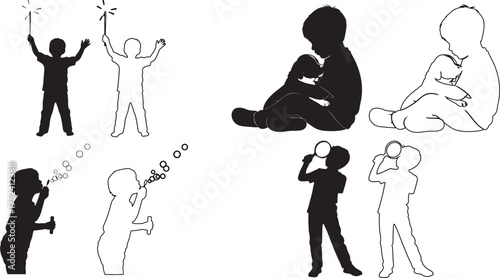 Child silhouettes in various activities playing hugging blowing bubbles and exploring with a magnifying glass in black and white illustration