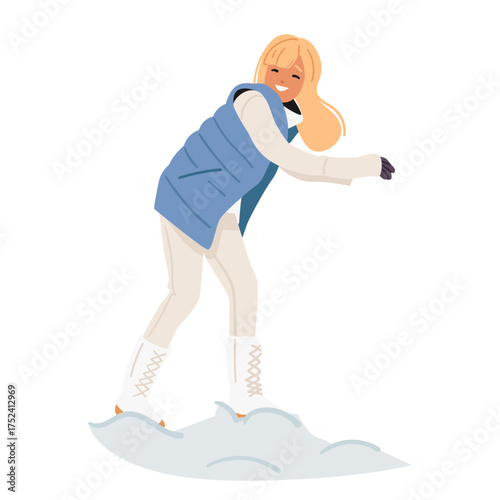 Smiling teenage girl cartoon character throwing snowball enjoying playful outdoor activity