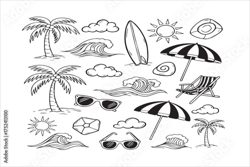 Hand drawn collection of beach and vacation elements including palm trees waves umbrellas and surfboards