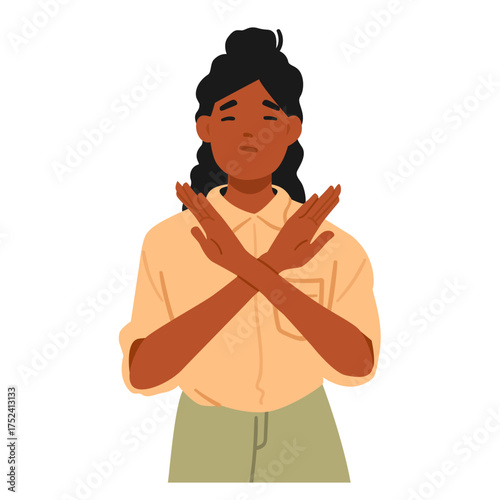 Teenage girl cartoon character crossing hands gesturing stop and no sign feeling dissatisfaction