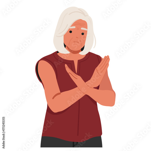 Upset elderly woman character making stop gesture with hand, expressing refusal and disapproval