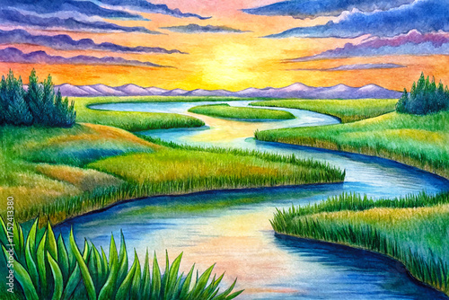 river delta, winding waterways, lush reeds, grassy islands, soft sunset, tranquil nature, calendar art, peaceful illustration
