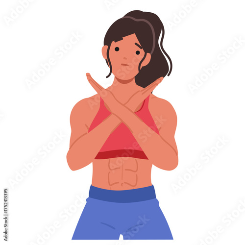 Sports fitness woman showing stop gesture with crossed arms showing refusal and determination