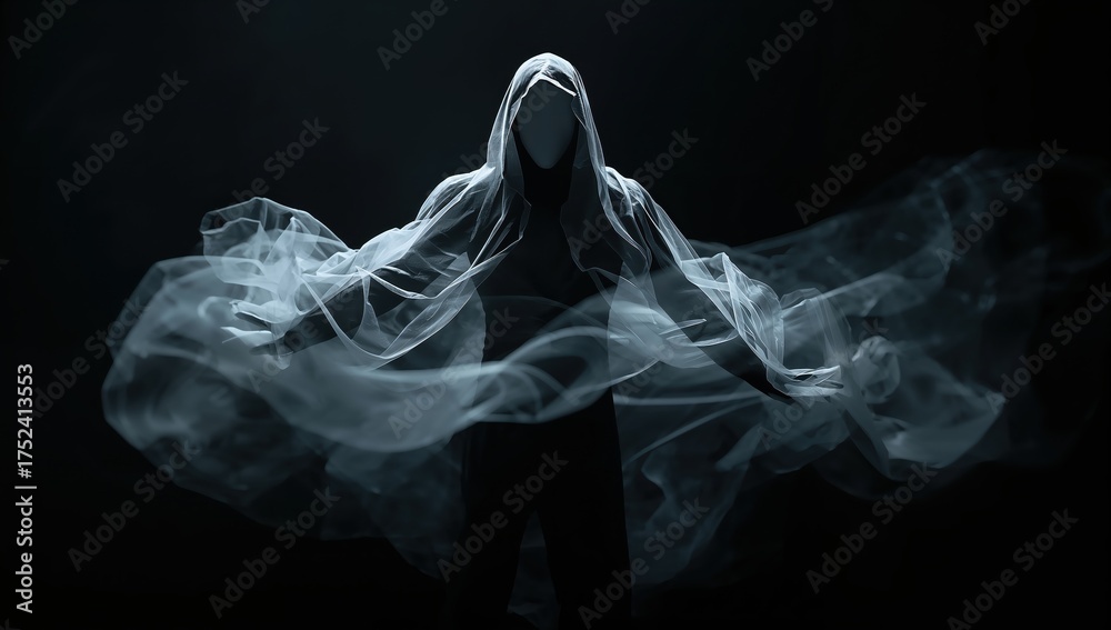 Naklejka premium Eerie apparition emerging from the darkness, a mysterious figure draped in ethereal fabric, perfect for fantasy, horror, or conceptual storytelling
