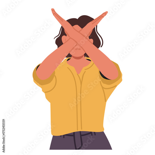 Woman crossing arms against face showcasing stop with negative X-shape gesture protecting herself