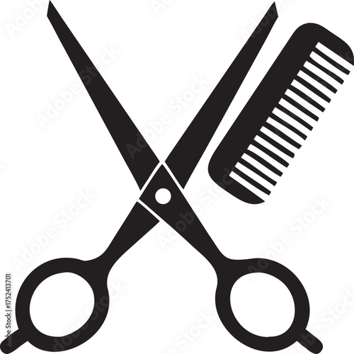 Stylized black scissors and comb graphic for hairdressing and beauty salon services vector
