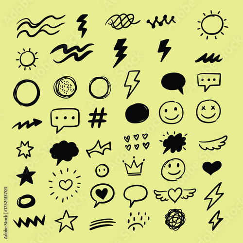 Hand Drawn Doodle Elements on Yellow Background drawing sketch vector illustration symbol shape icon design graphic art scribble line