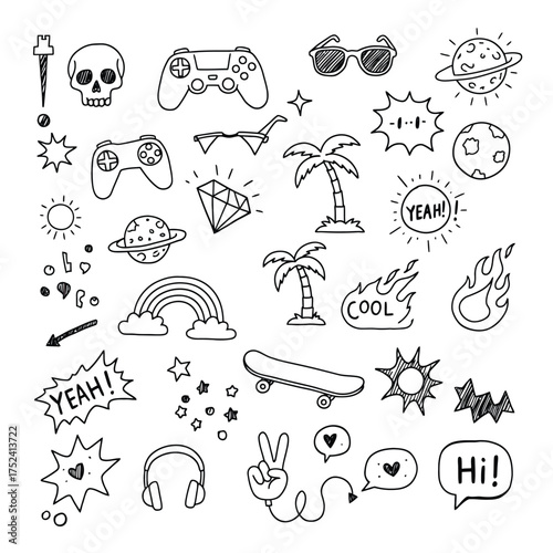 Doodle Style Icons and Elements Collection hand-drawn sketch drawing illustration vector gaming controller skull sunglasses planet star