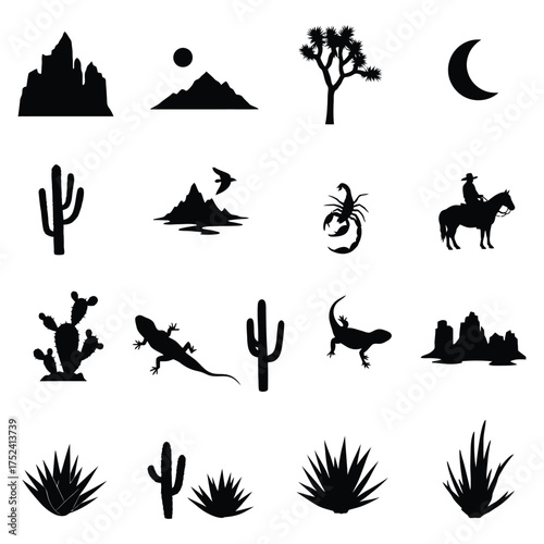 Desert Wildlife and Landscape Silhouettes cactus lizard mountain cowboy horse scorpion moon tree plant agave yucca bird nature western