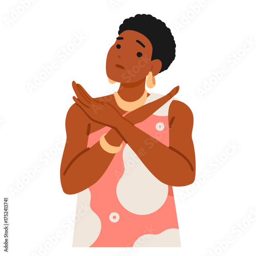 African American woman cartoon character disagreeing gesturing denial and refusal isolated on white