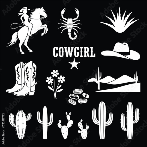 Cowgirl and Desert Elements in Black and White horse cactus scorpion western boots cowboy hat silhouette vector illustration wild west
