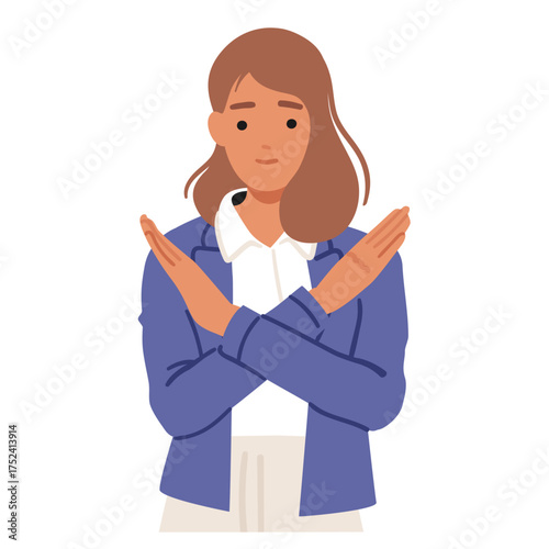 Confident businesswoman making stop gesture saying no with hand raised and crossed isolated on white