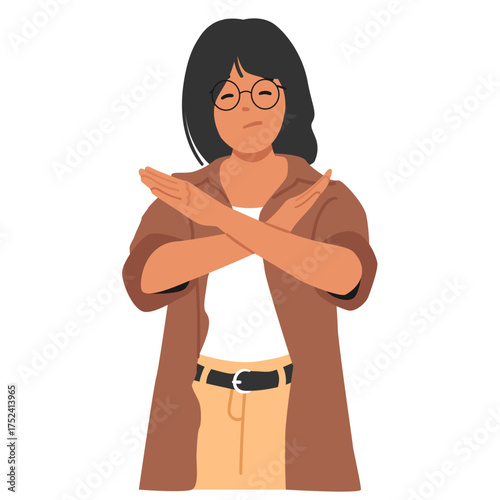 Asian woman crossing arms in stop gesture showing refusal, assertiveness and personal boundaries