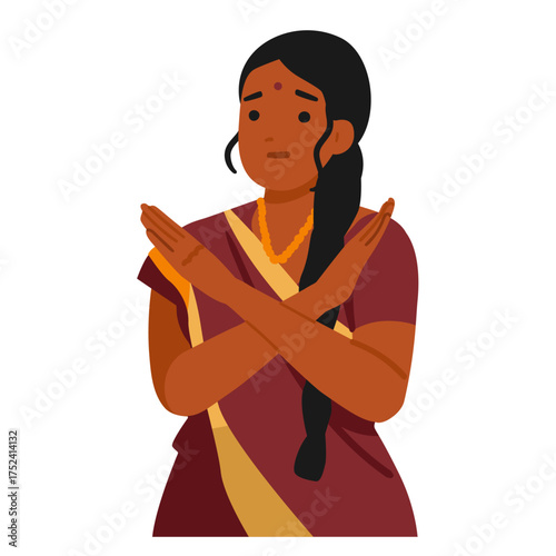 Indian woman cartoon character gesturing crossed hands showcasing disagree and negative reaction