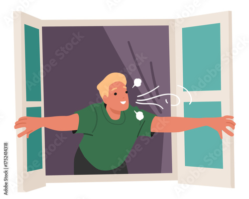 Positive young man opening window inhaling fresh morning air breathing with pleasure and happiness